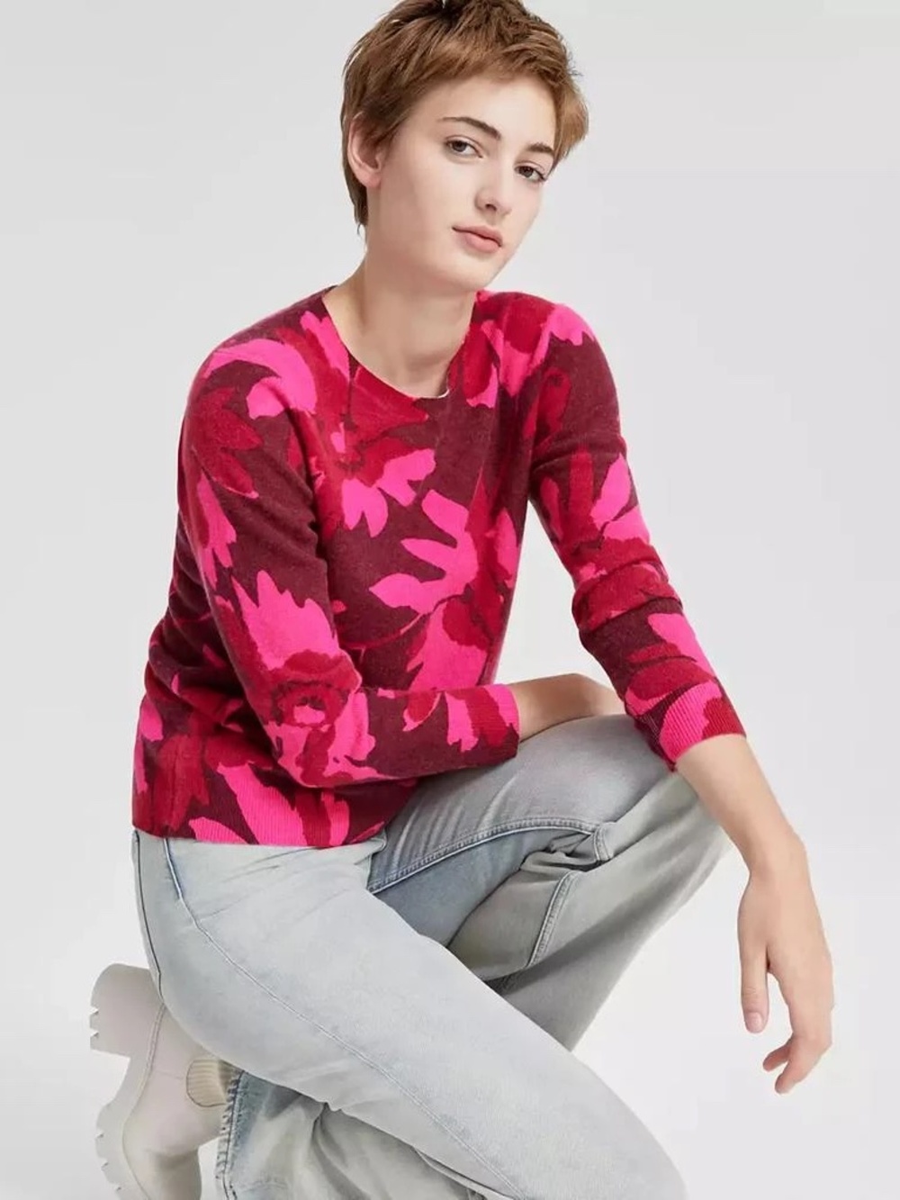 Charter Club Cashmere Floral Print Crantini Sweater Size PS NWT